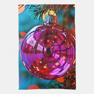 Vibrant Christmas Ornament Sparkle Design Tea Towel