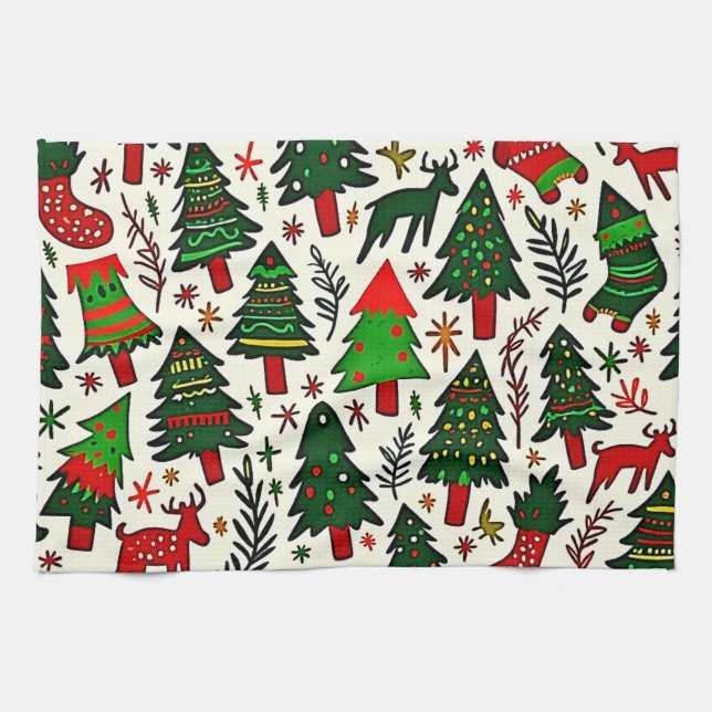 Vibrant Christmas Pattern Art Print Tea Towel (Horizontal)