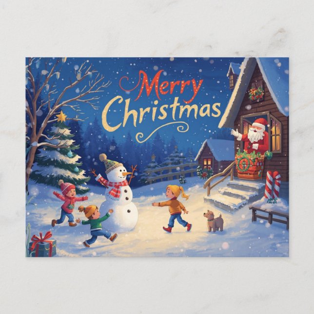 Vibrant Christmas Postcard – Snowman & Santa (Front)