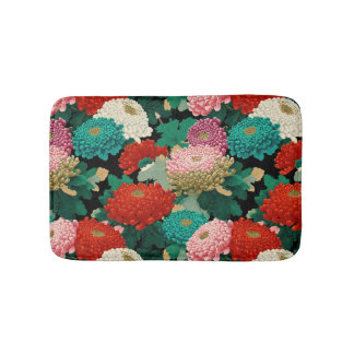 Vibrant Chrysanthemum Flowers Botanical Pattern Bath Mat