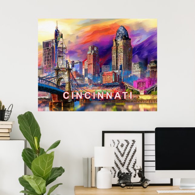 Vibrant Cincinnati Ohio Abstract Skyline Art  Poster (Home Office)