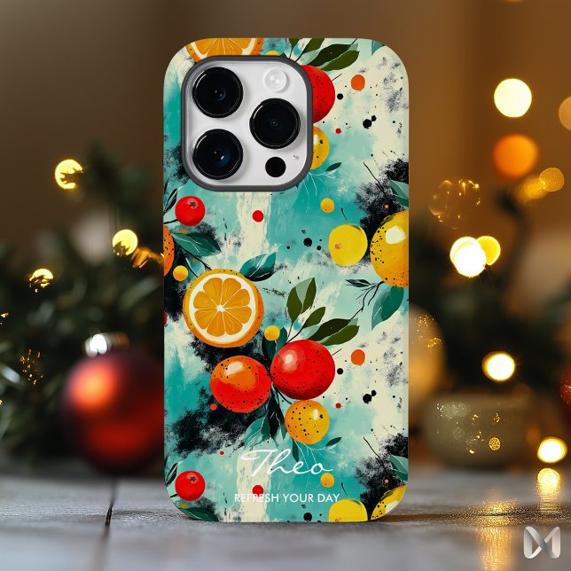 Vibrant Citrus & Berry Pattern on Aqua Background iPhone Case (Creator Uploaded)