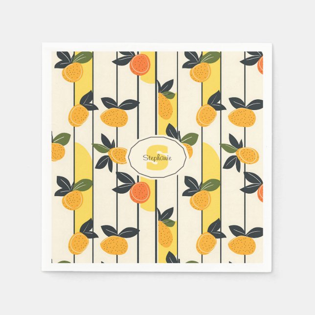 Vibrant Citrus Fruit Pattern with Green Leaves (2) Napkin (Front)