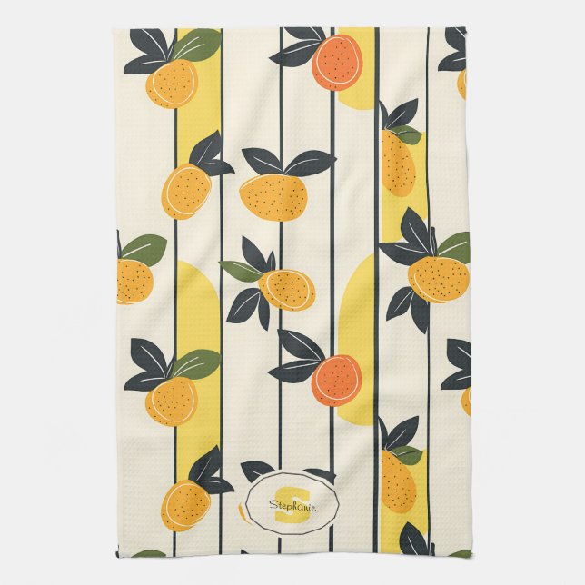Vibrant Citrus Fruit Pattern with Green Leaves (2) Tea Towel (Vertical)