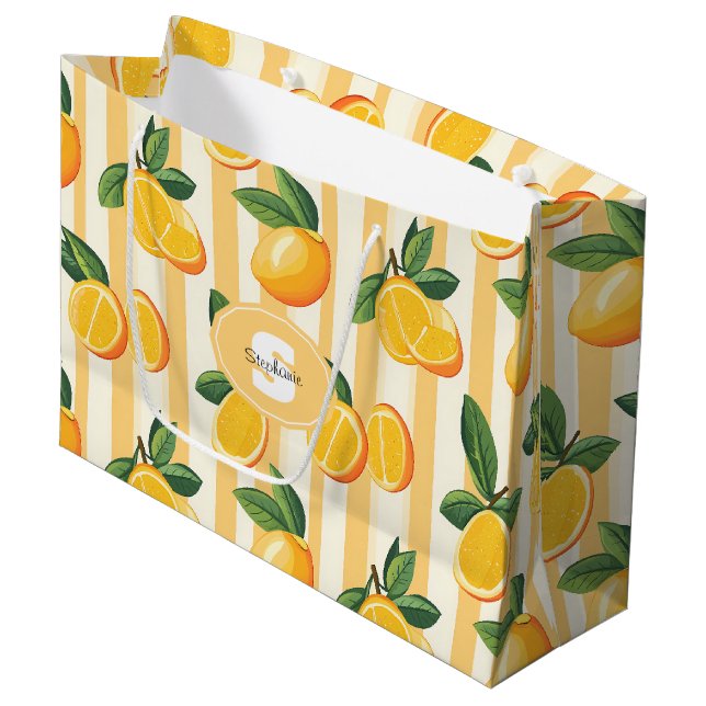 Vibrant Citrus Fruit Pattern with Green Leaves (3) Large Gift Bag (Front Angled)