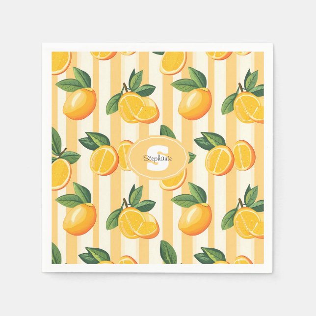 Vibrant Citrus Fruit Pattern with Green Leaves (3) Napkin (Front)