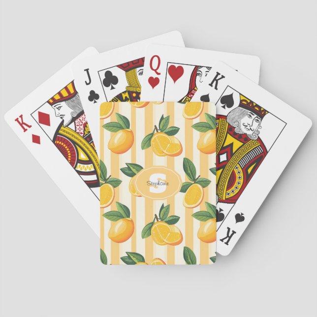Vibrant Citrus Fruit Pattern with Green Leaves (3) Playing Cards (Back)