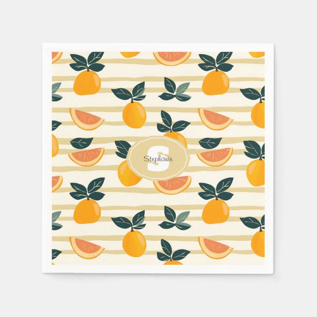 Vibrant Citrus Fruit Pattern with Green Leaves (4) Napkin (Front)