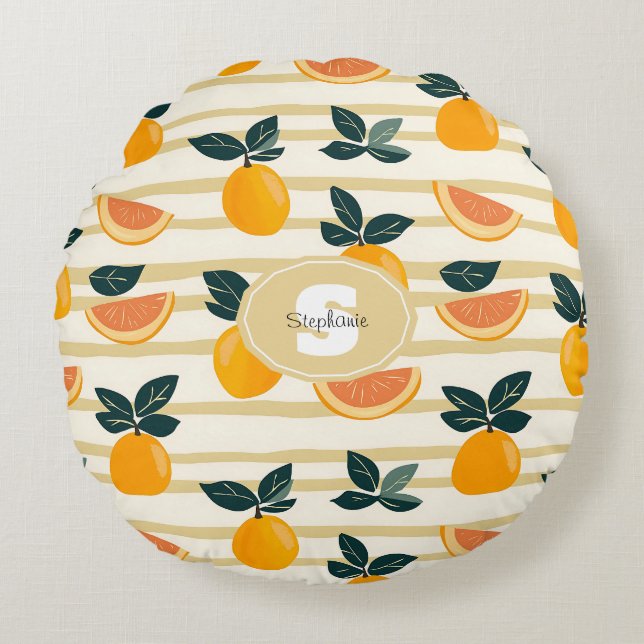 Vibrant Citrus Fruit Pattern with Green Leaves (4) Round Cushion (Front)