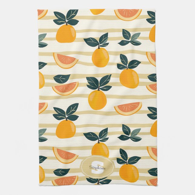 Vibrant Citrus Fruit Pattern with Green Leaves (4) Tea Towel (Vertical)