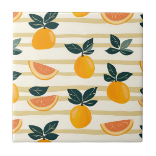 Vibrant Citrus Fruit Pattern with Green Leaves (4) Tile
