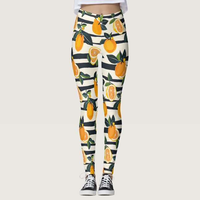 Vibrant Citrus Fruit Pattern with Green Leaves (5) Leggings (Front)