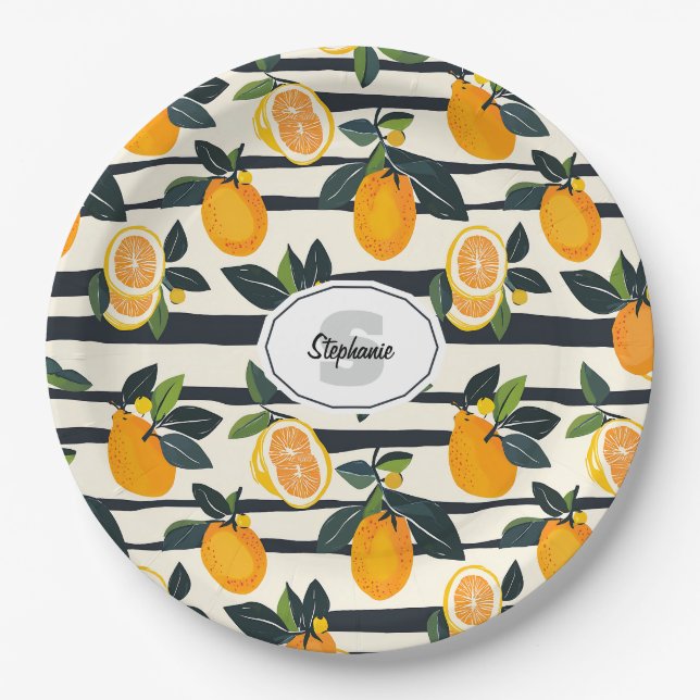 Vibrant Citrus Fruit Pattern with Green Leaves (5) Paper Plate (Front)