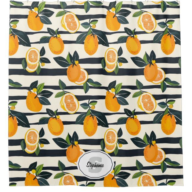 Vibrant Citrus Fruit Pattern with Green Leaves (5) Shower Curtain (Front)