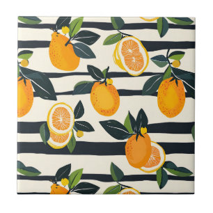 Vibrant Citrus Fruit Pattern with Green Leaves (5) Tile