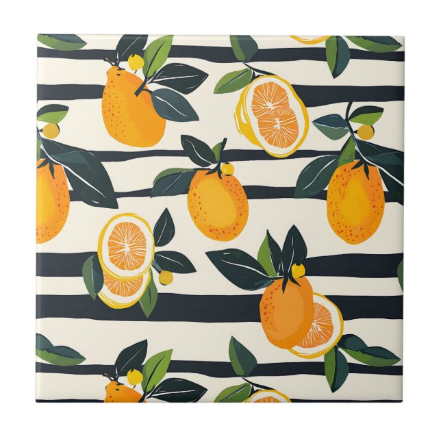 Vibrant Citrus Fruit Pattern with Green Leaves (5) Tile (Front)