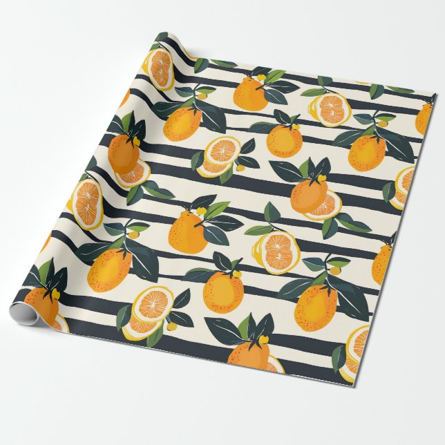 Vibrant Citrus Fruit Pattern with Green Leaves (5) Wrapping Paper (Unrolled)