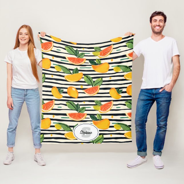 Vibrant Citrus Fruit Pattern with Green Leaves (6) Fleece Blanket (In Situ)