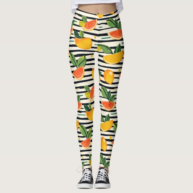 Vibrant Citrus Fruit Pattern with Green Leaves (6) Leggings (Front)