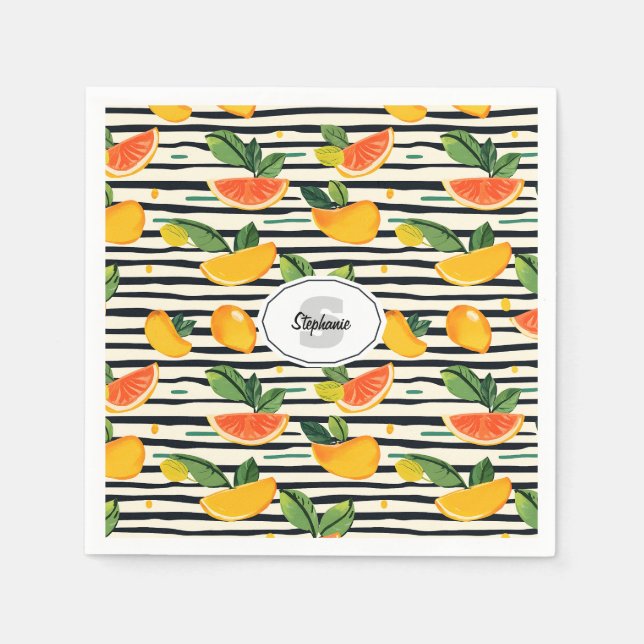 Vibrant Citrus Fruit Pattern with Green Leaves (6) Napkin (Front)