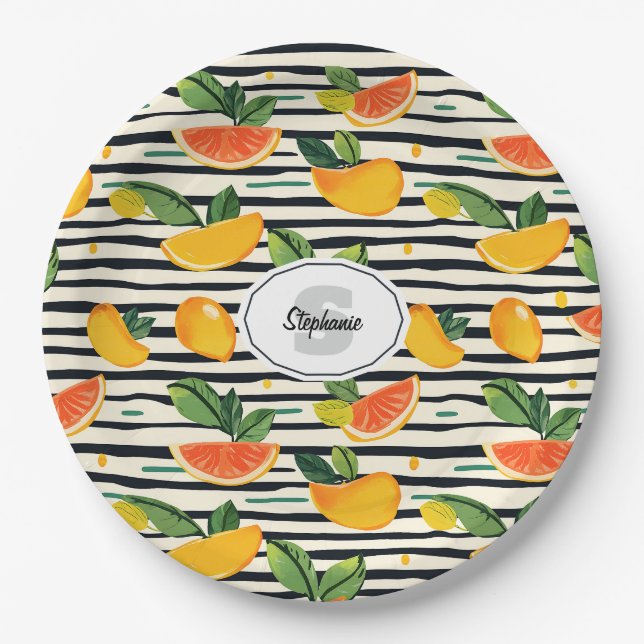 Vibrant Citrus Fruit Pattern with Green Leaves (6) Paper Plate (Front)