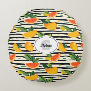 Vibrant Citrus Fruit Pattern with Green Leaves (6) Round Cushion