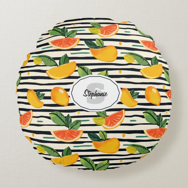 Vibrant Citrus Fruit Pattern with Green Leaves (6) Round Cushion (Front)