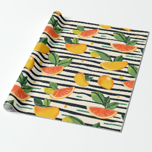 Vibrant Citrus Fruit Pattern with Green Leaves (6) Wrapping Paper
