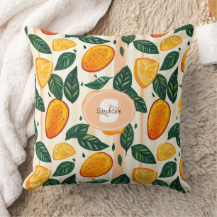 Vibrant Citrus Fruit Pattern with Green Leaves Cushion
