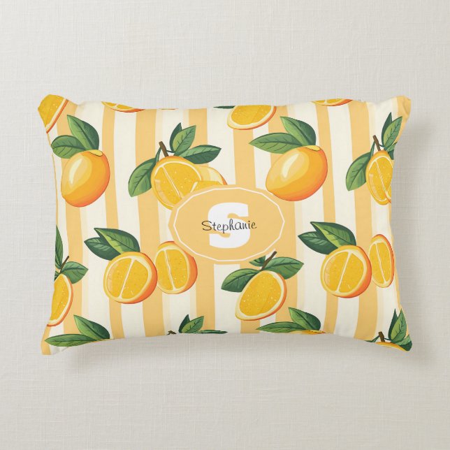 Vibrant Citrus Fruit Pattern with Green Leaves () Decorative Cushion (Front)