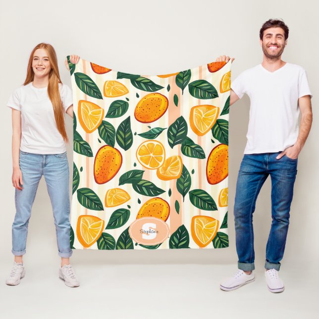 Vibrant Citrus Fruit Pattern with Green Leaves Fleece Blanket (In Situ)