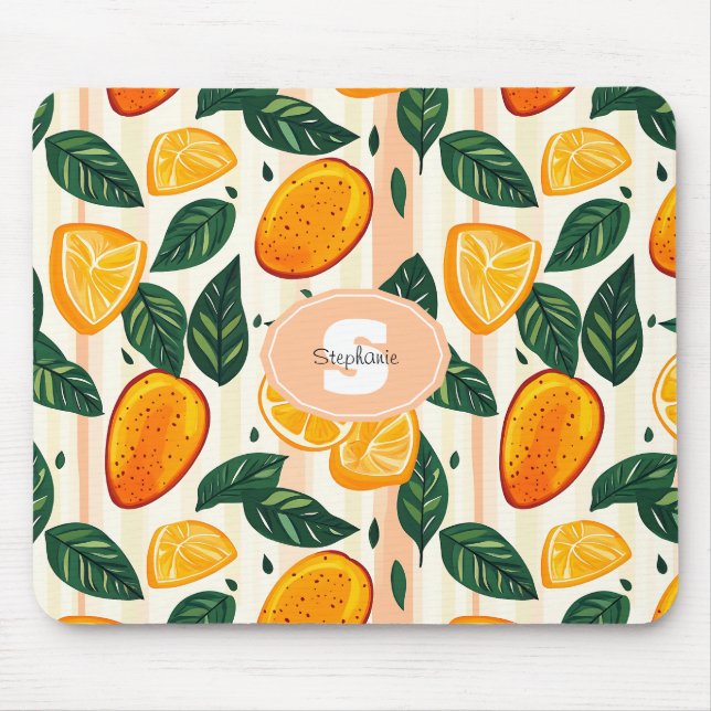 Vibrant Citrus Fruit Pattern with Green Leaves Mouse Pad (Front)