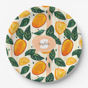 Vibrant Citrus Fruit Pattern with Green Leaves Paper Plate