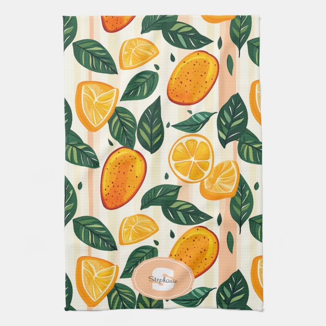 Vibrant Citrus Fruit Pattern with Green Leaves Tea Towel (Vertical)