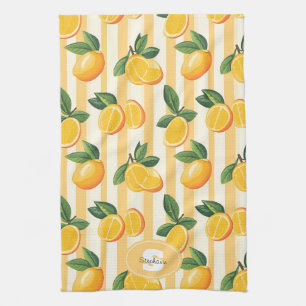Vibrant Citrus Fruit Pattern with Green Leaves () Tea Towel