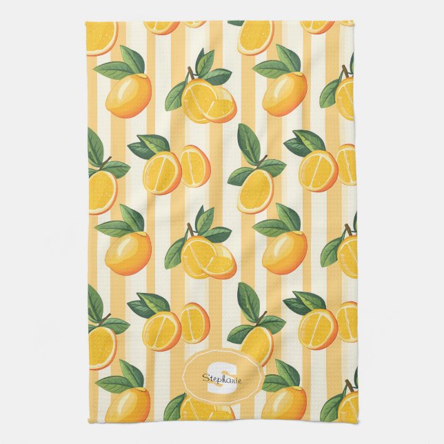 Vibrant Citrus Fruit Pattern with Green Leaves () Tea Towel (Vertical)