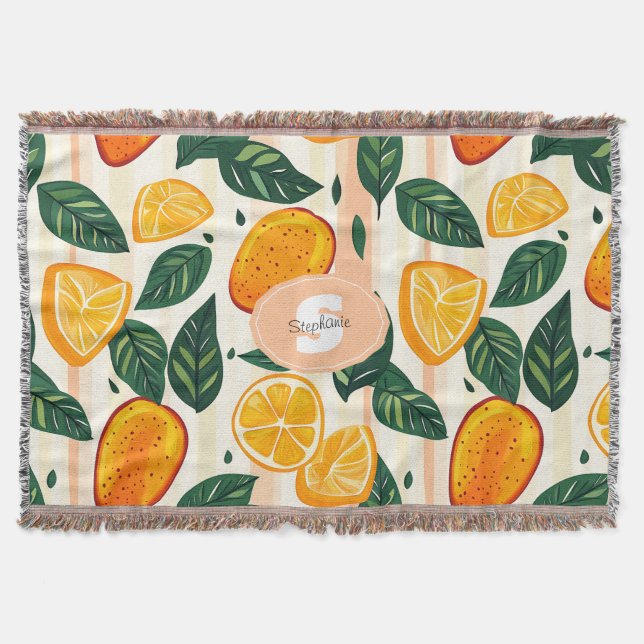 Vibrant Citrus Fruit Pattern with Green Leaves Throw Blanket (Front)