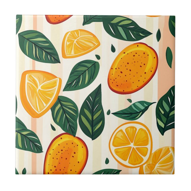 Vibrant Citrus Fruit Pattern with Green Leaves Tile (Front)