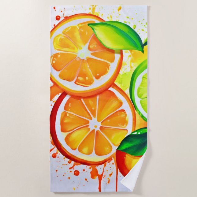 Vibrant Citrus Fruit Splash Art Beach Towel (Front)