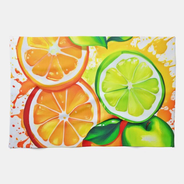 Vibrant Citrus Fruit Splash Art Tea Towel (Horizontal)