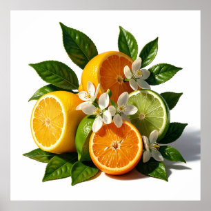 Vibrant Citrus Fruits Blossoms Realistic Poster