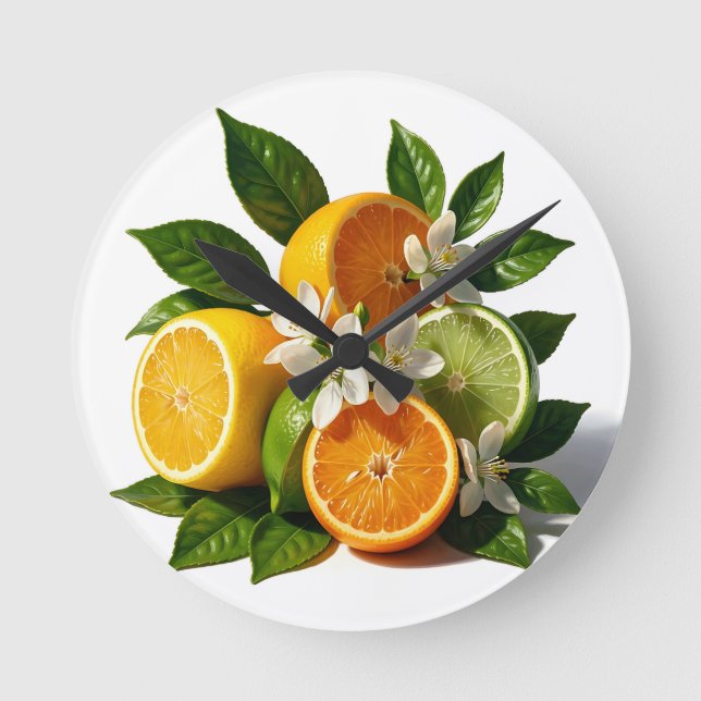 Vibrant Citrus Fruits Blossoms Realistic Round Clock (Front)
