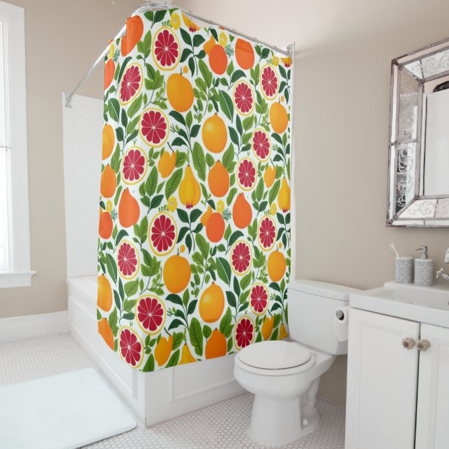 Vibrant Citrus, Pears, and Leaves Pattern Shower Curtain (In Situ)