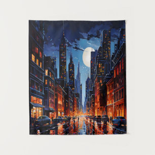 Vibrant Cityscape at Night Urban Art Tapestry
