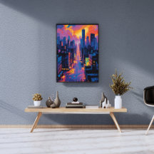Vibrant Cityscape at Sunset Neon Lights Digital