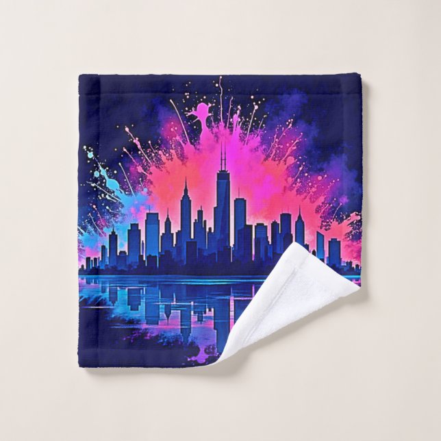Vibrant Cityscape Splash Art Bath Towel Set (Wash Cloth)