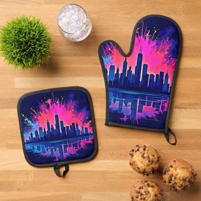 Vibrant Cityscape Splash Art Oven Mitt & Pot Holder Set (Top Down)