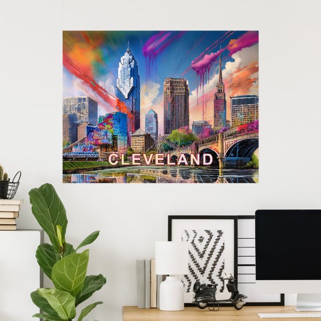 Vibrant Cleveland Ohio Skyline Abstract Art Poster (Home Office)