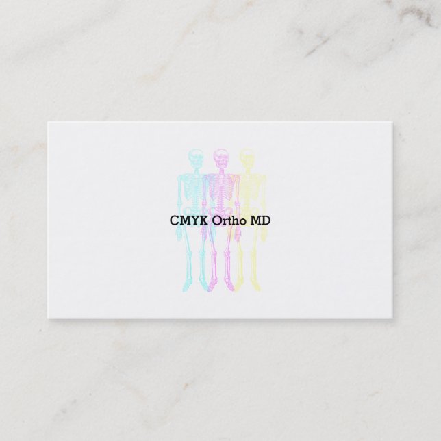 Vibrant CMY Letterpress Skeleton Dancing Business Card (Front)