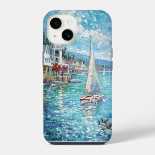 Vibrant Coastal Artwork - Sailboats, Lighthouse &  iPhone 14 Case